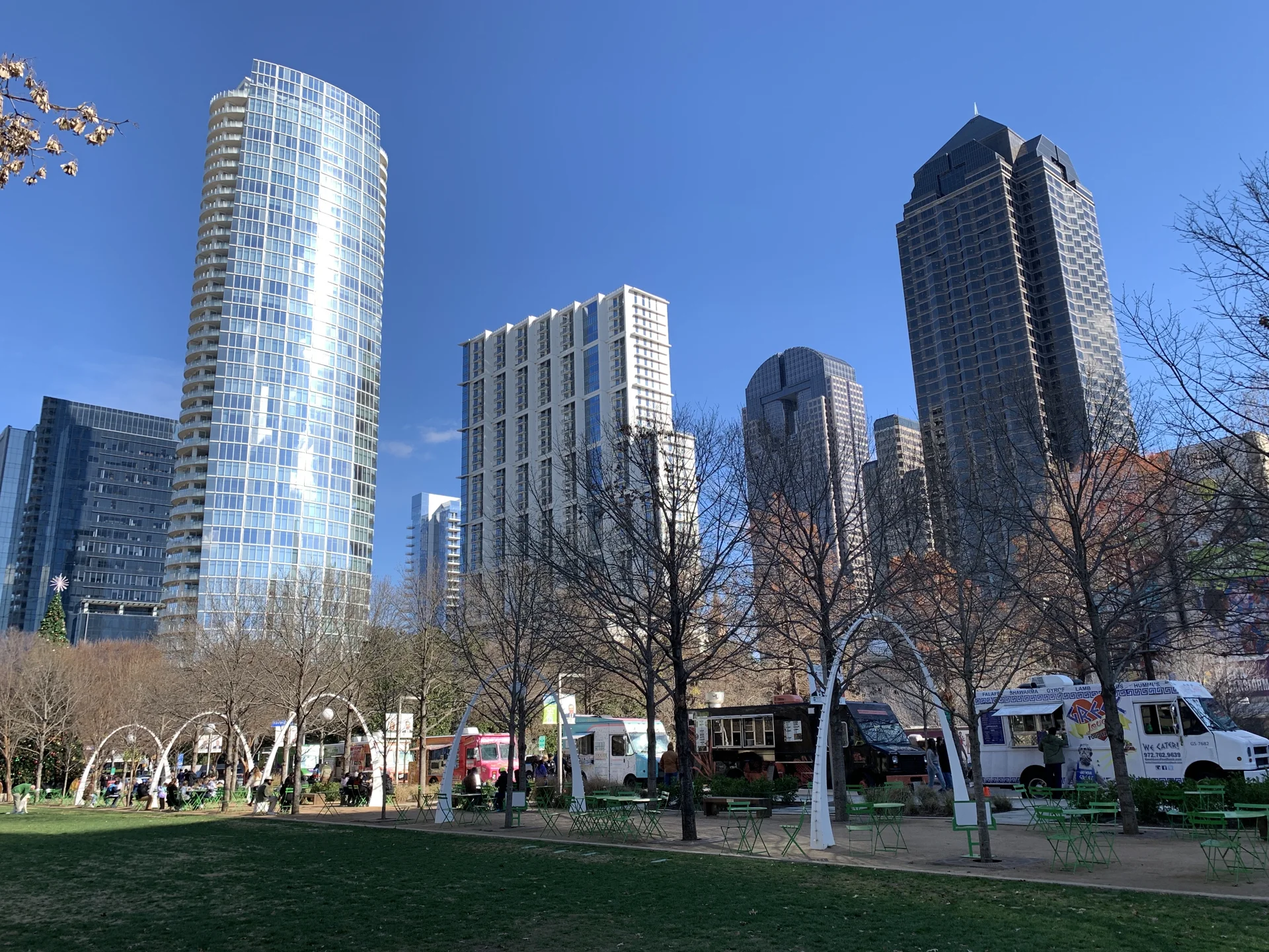 People and food trucks at Klyde Warren Park in Dallas